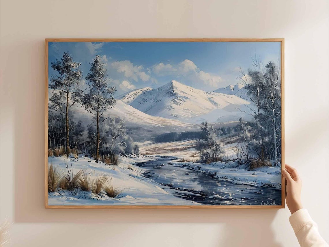 Cairngorms Winter Snowy Stream Frozen Peaks Landscape Painting Poster