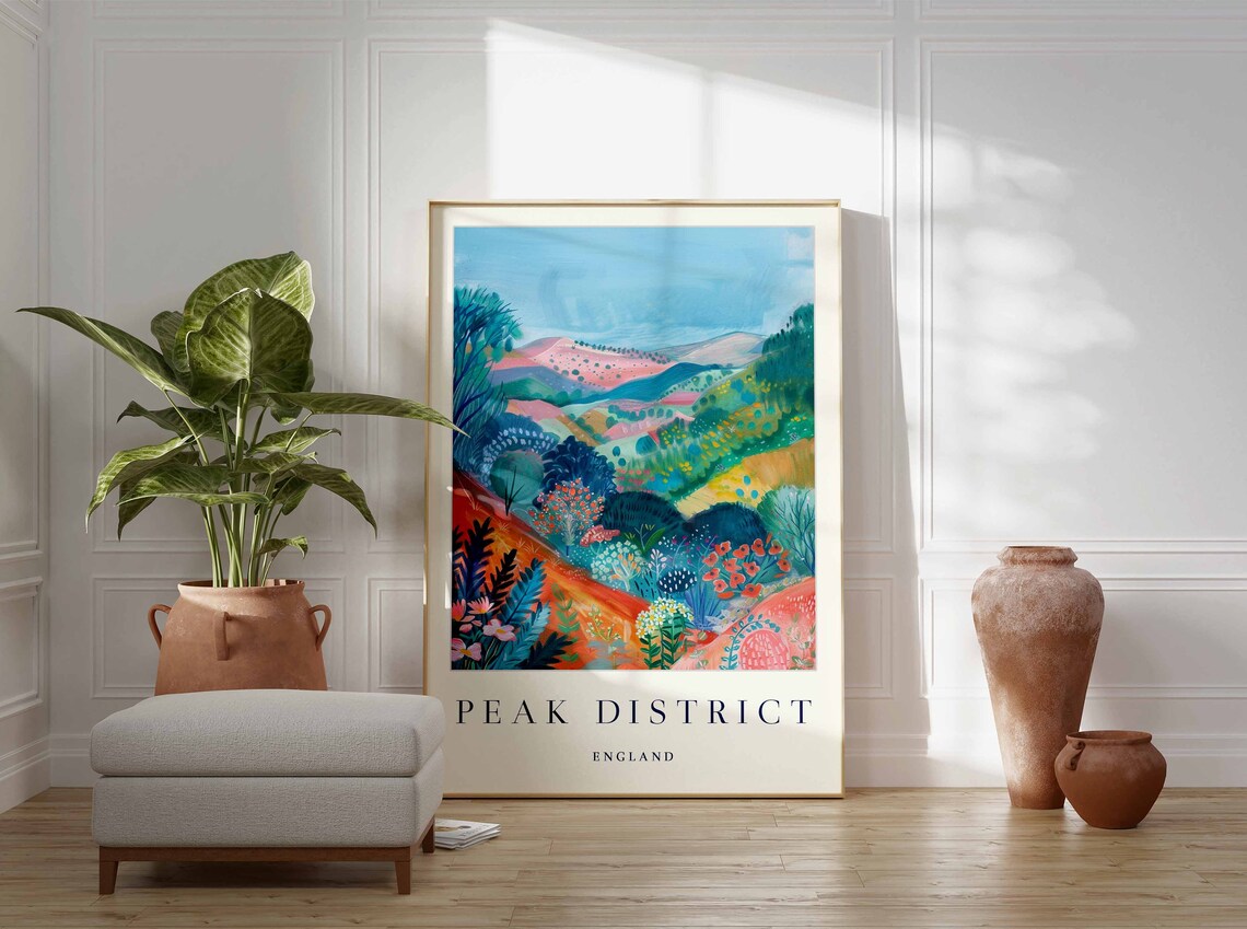 Peak District England Colorful Rolling Hills Floral Art Travel Poster - Image 2