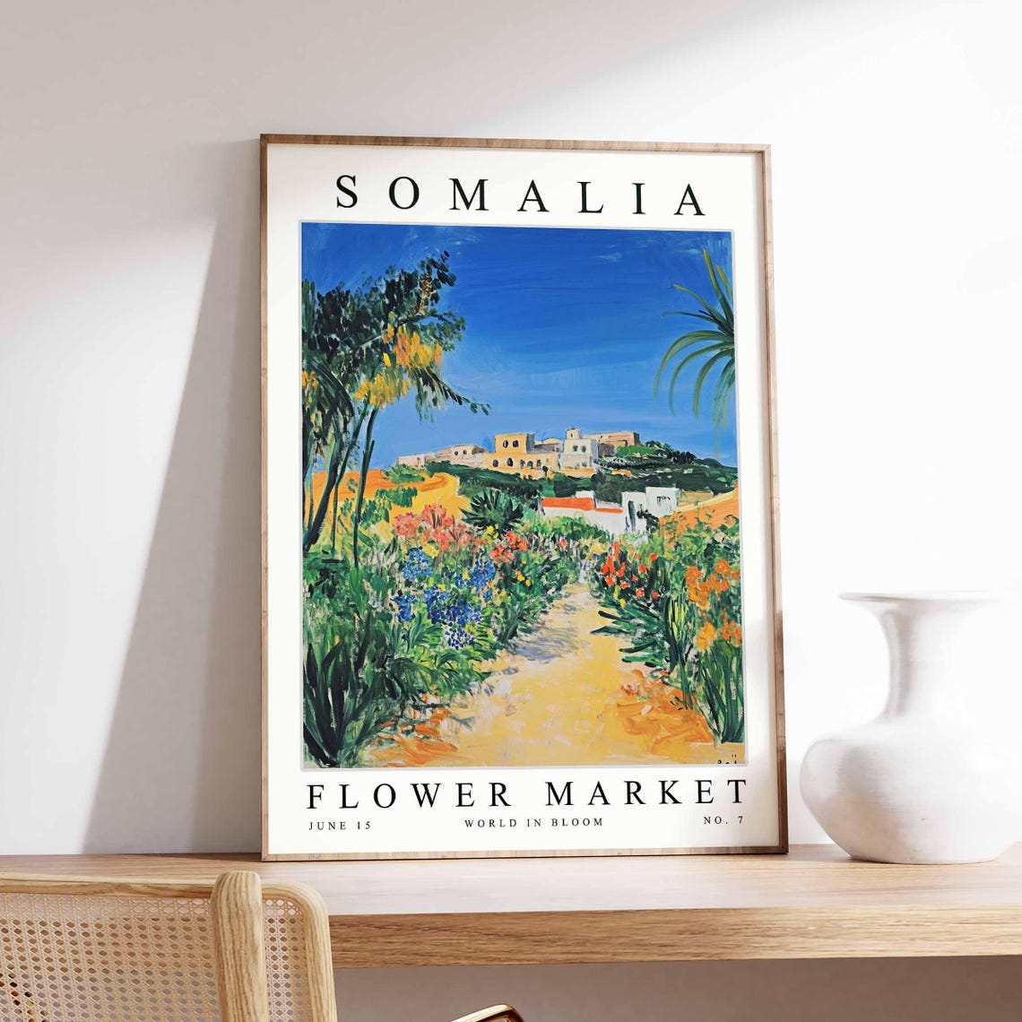 Somalia White Hilltop Town Palm Path Wildflower Garden Art Poster