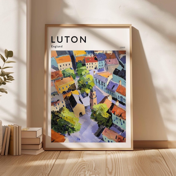 Luton England 1989 Colorful Impressionist Old Town Painting Poster