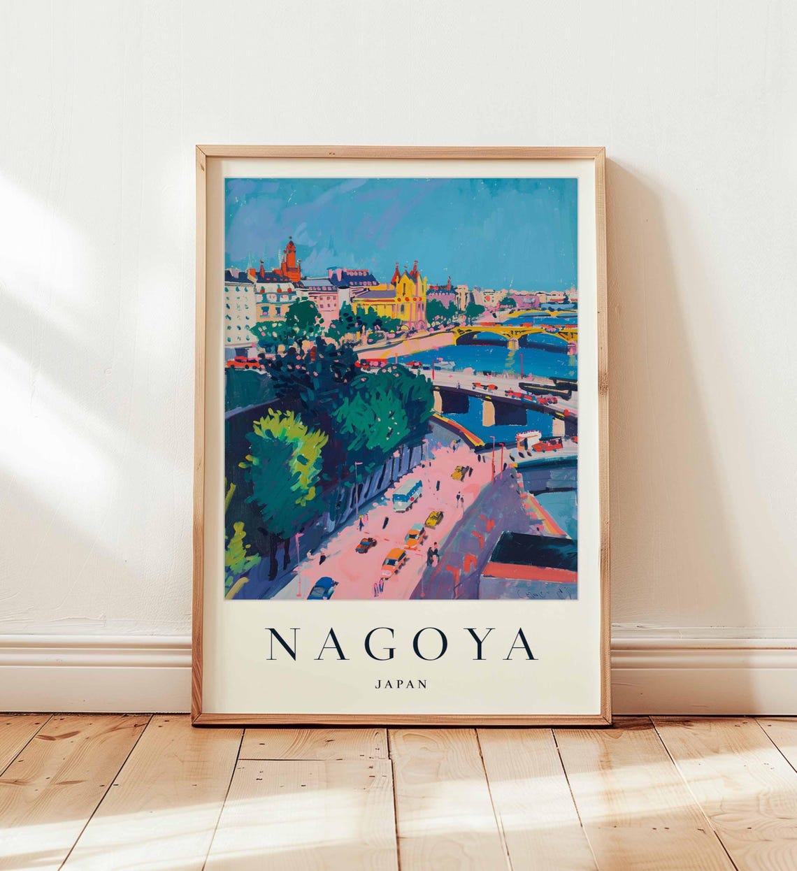 Nagoya Japan Riverside Cityscape Poster Bridge and Waterfront Painting