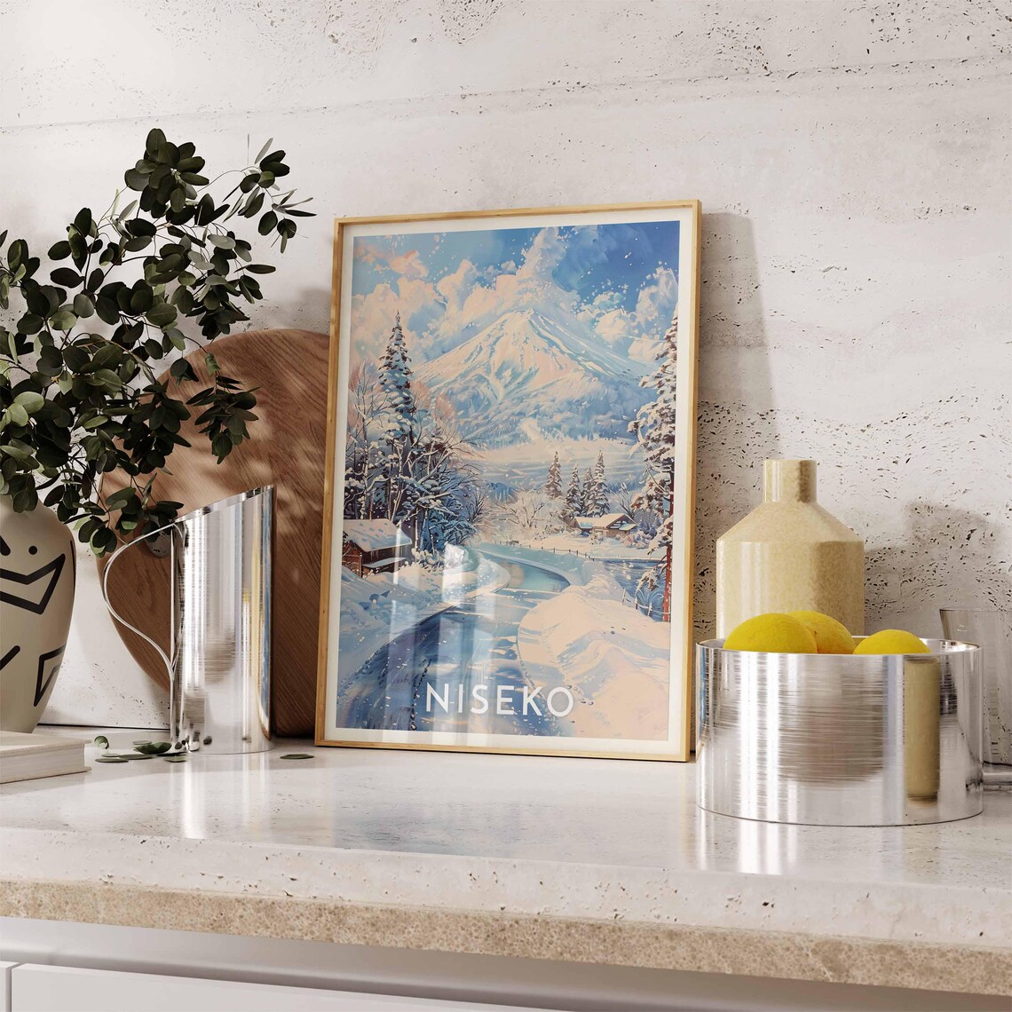 Niseko Japan Snowy Pine Road Winding To Peak Painterly Ski Travel Poster - Image 2