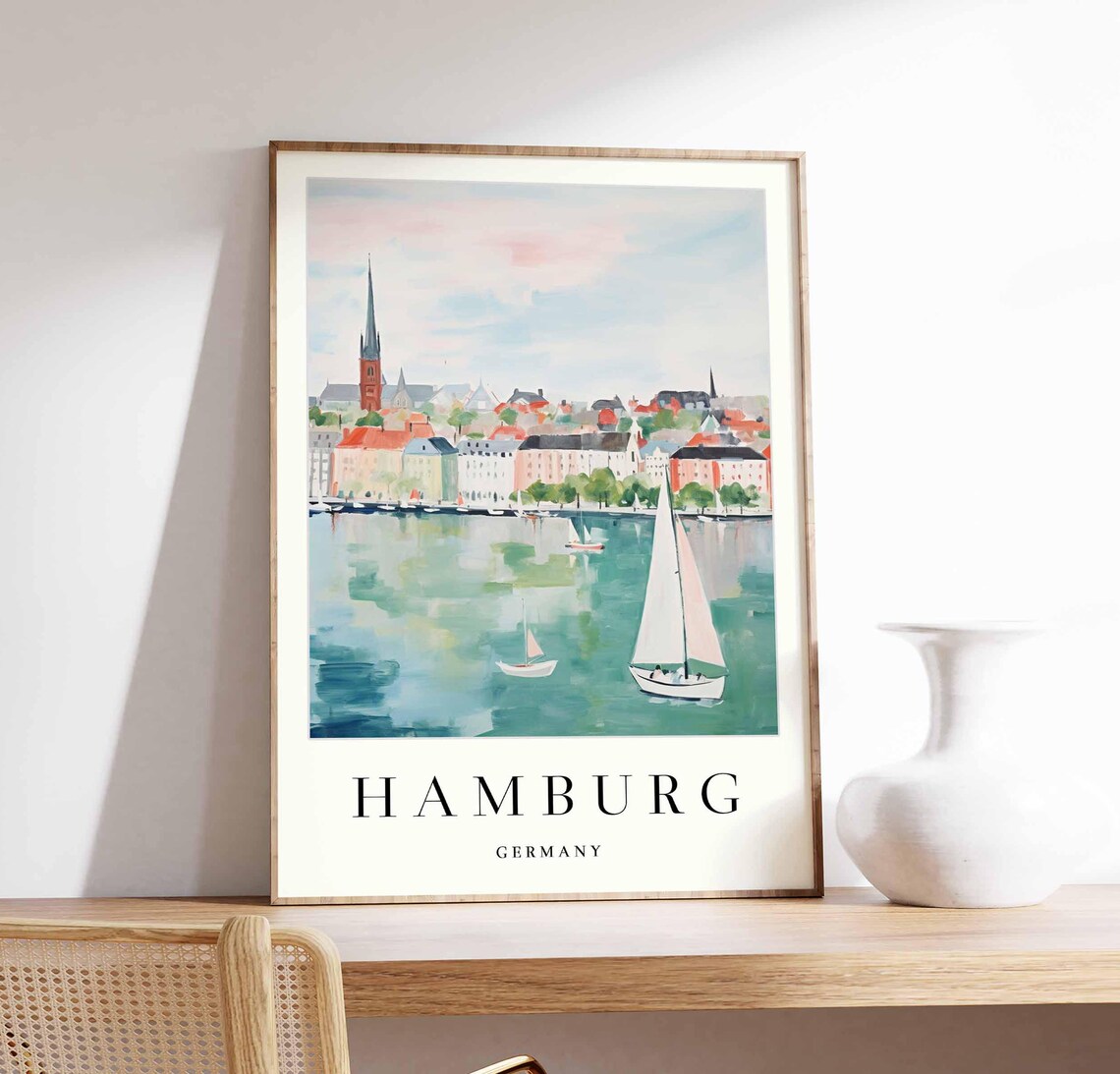 Hamburg Germany Sailboat Watercolor Skyline Cityscape Travel Poster