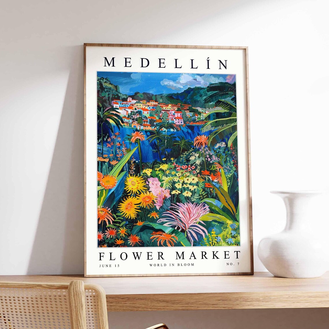 Medellín Flower Market No 7 Hillside Town Palms Vivid Bloom Bed Poster