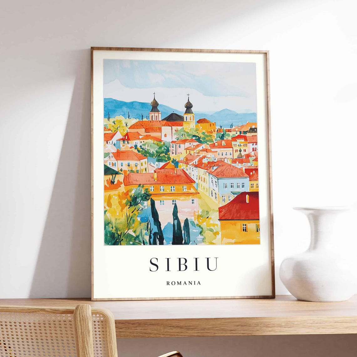 Sibiu Romania Onion Dome Church Watercolor Old Town Art Poster