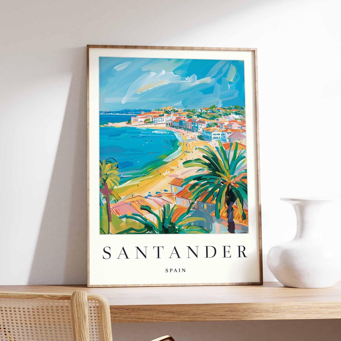 Santander Spain Impressionist Beach Scene in Bright Colors Poster
