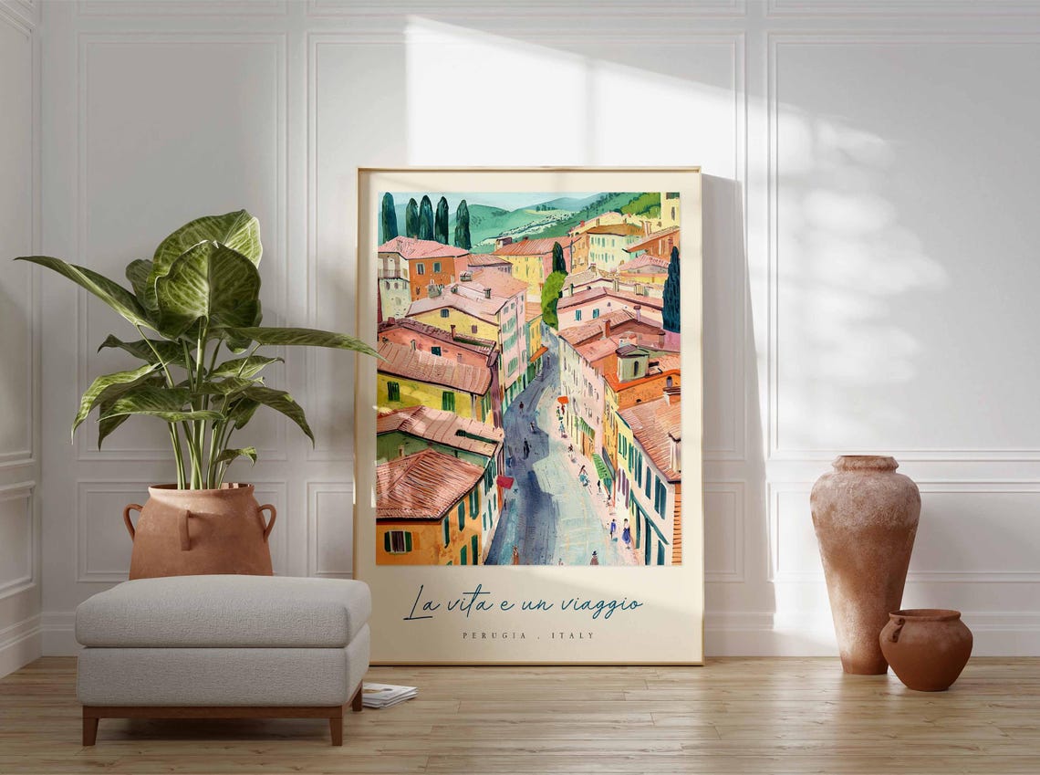Perugia Italy Colorful Illustrated Street Scene Travel Poster - Image 3