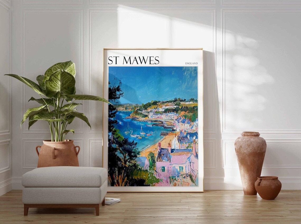 St Mawes England Golden Beach Bay and Waterfront Village Landscape Poster - Image 2