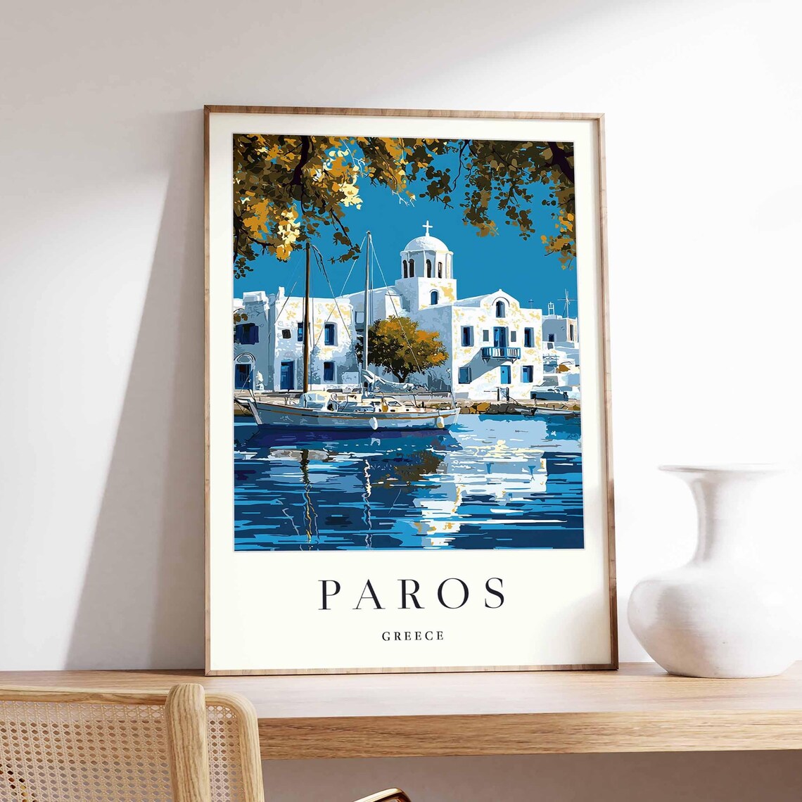 Paros Greece White Church Blue Harbor Sailboat Travel Poster
