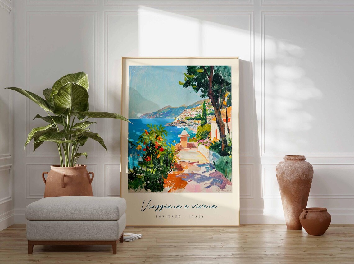 Positano Italy Amalfi Coast Garden Path Sea View Terrace Travel Poster - Image 3
