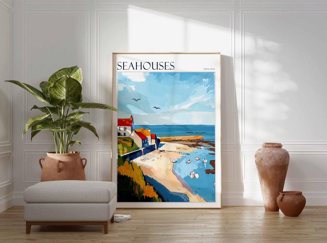 Seahouses Sandy Cove Beach Cottages Boats Poster England Seagulls - Image 2