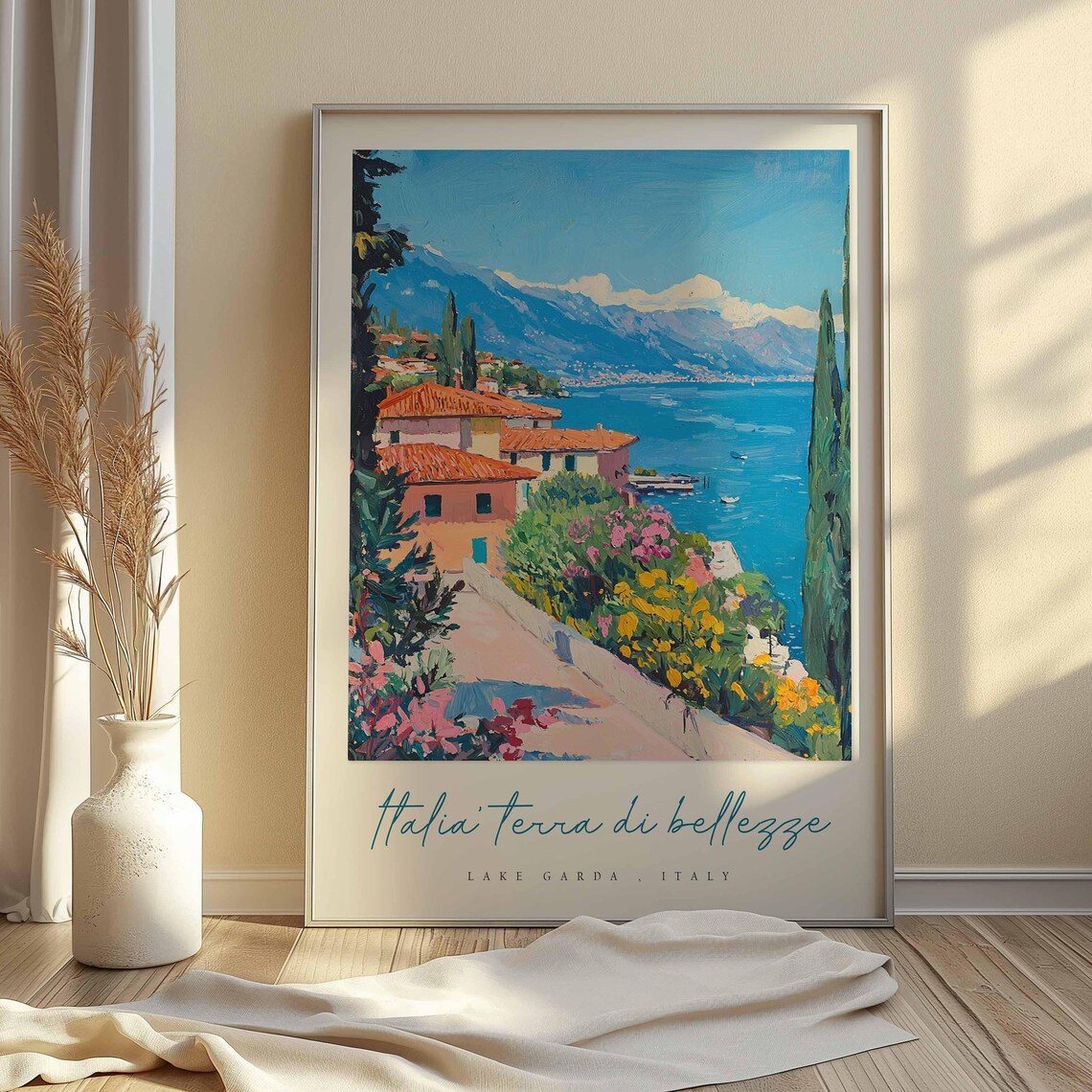 Lake Garda Italy Garden Walk Red Roof Villas Cypress Lake Scene Poster - Image 2
