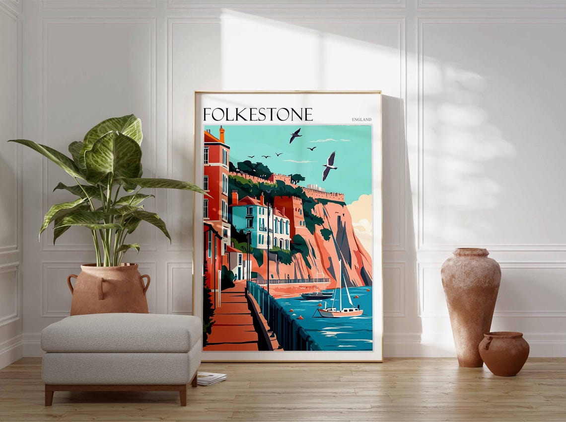 Folkestone England Seafront Walk Cliffs Sailboat Flat Art Poster - Image 3