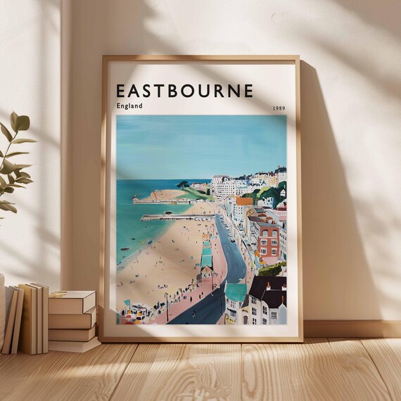 Eastbourne England 1989 Seaside Beach Aerial Retro Travel Poster