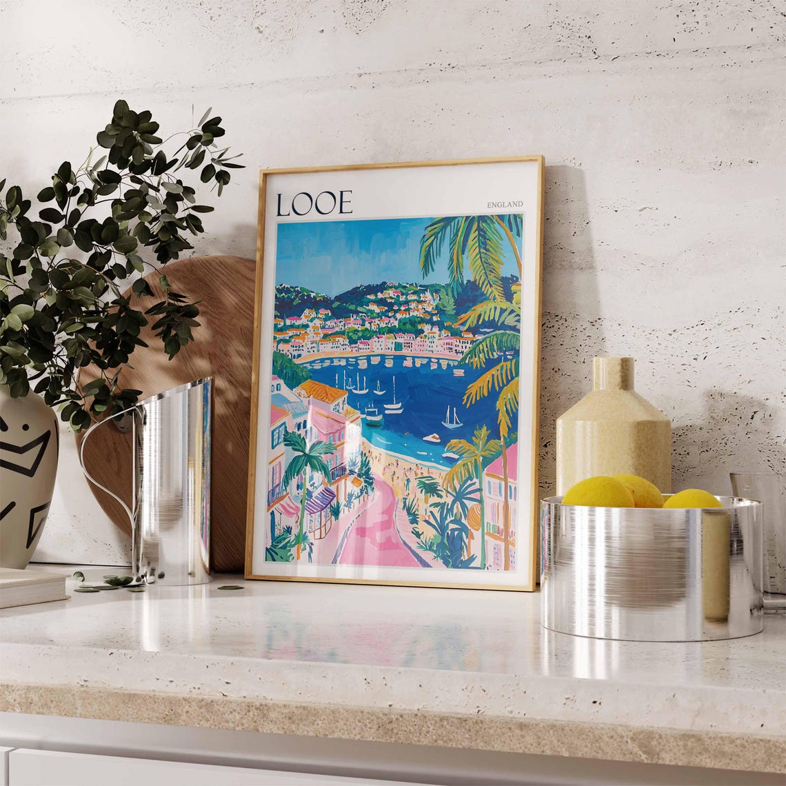 Looe England Pink Road Palm Trees Harbor Boats Colorful Poster - Image 2