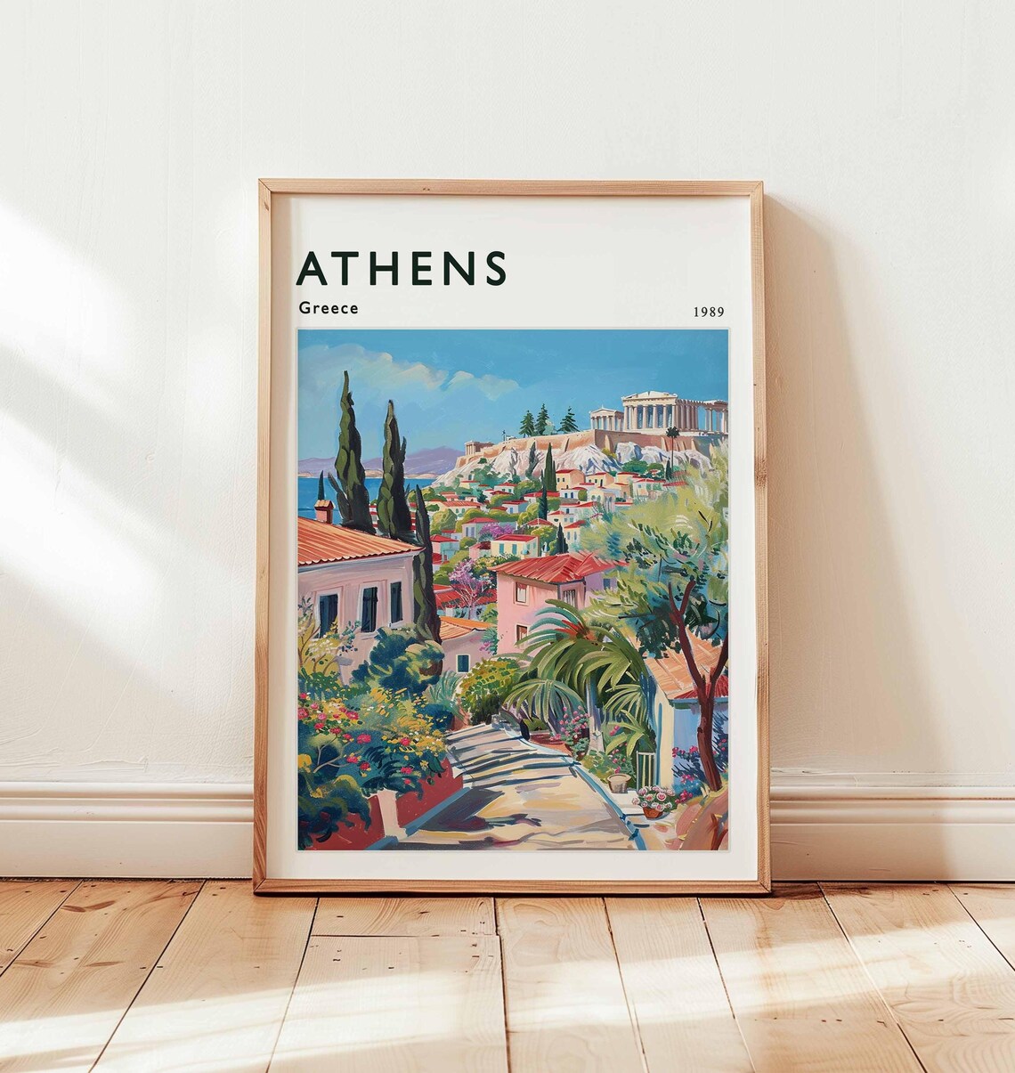 Athens Greece 1989 Cobbled Lane Toward Acropolis Vintage Art Poster
