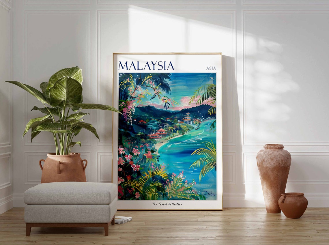 Malaysia Asia Tropical Beach Palm Pagoda Shore Flowers Art Poster - Image 2