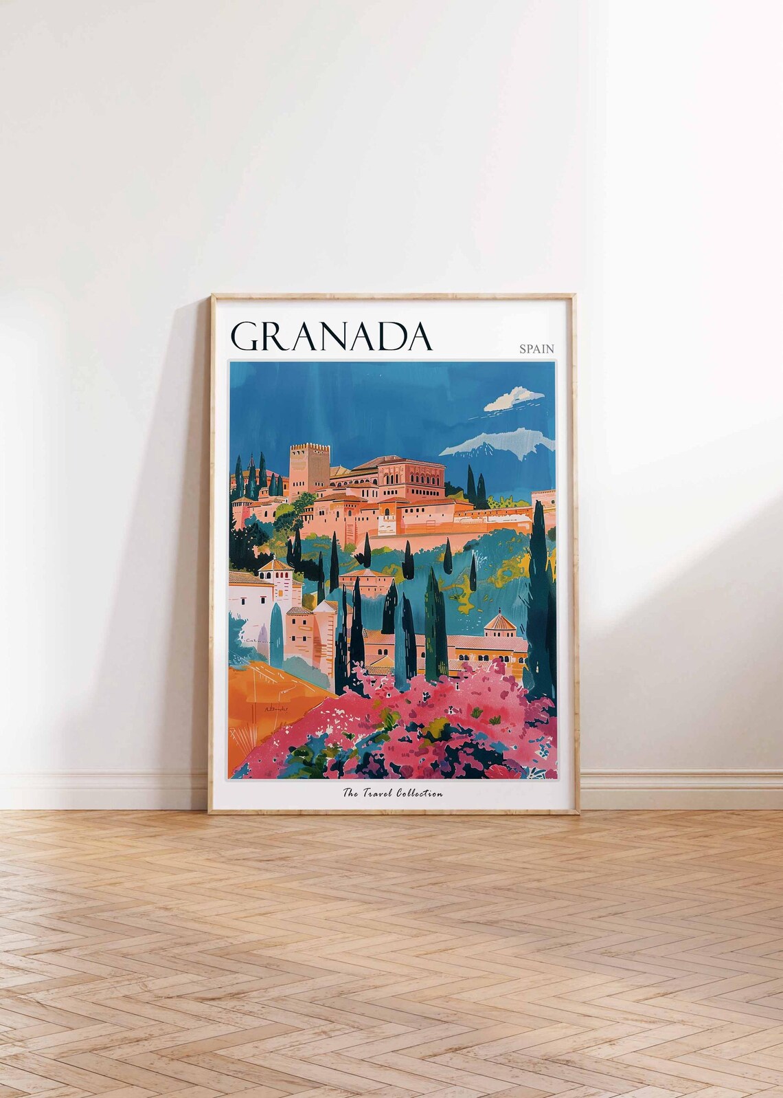 Granada Spain Alhambra Palace Pink Blossom Travel Art Poster - Image 2
