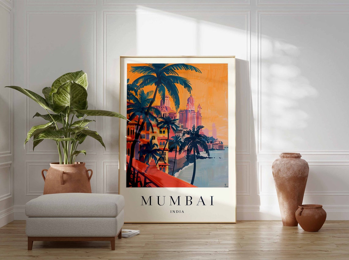 Mumbai India Fiery Gateway Sunset With Palm Trees Travel Poster - Image 3