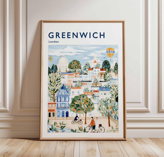 Greenwich London Whimsical Town Hot Air Balloons Bicycles Poster
