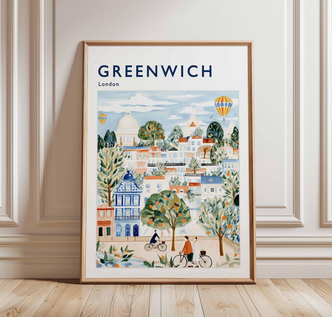 Greenwich London Whimsical Town Hot Air Balloons Bicycles Poster