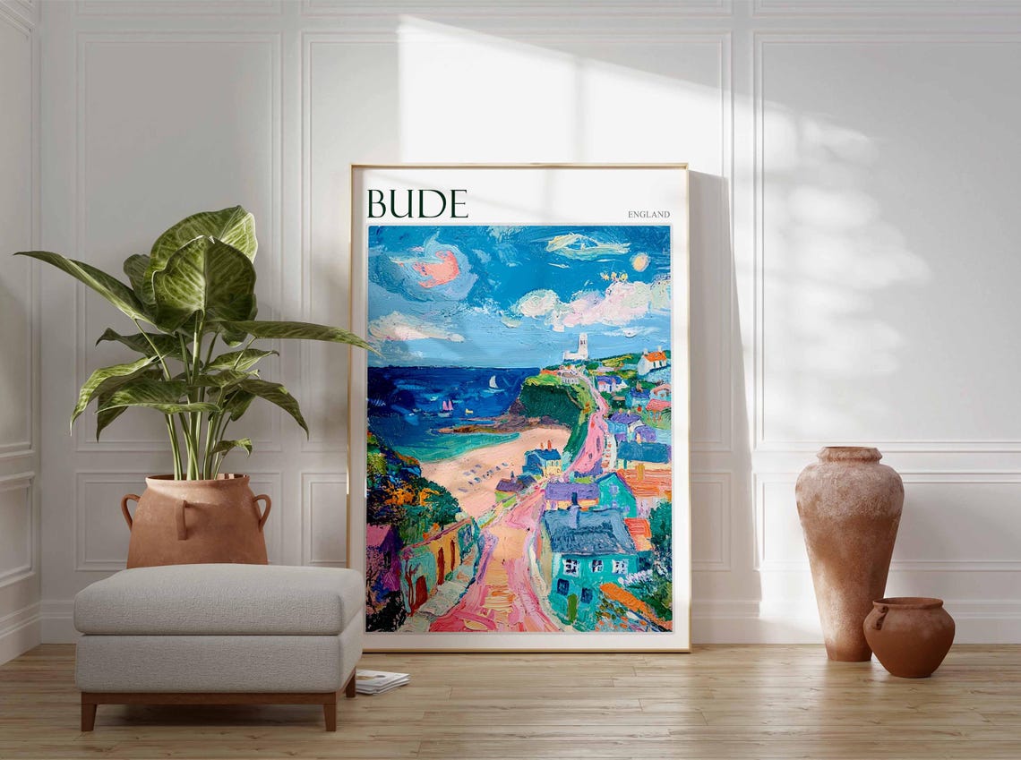 Bude Cornwall Expressionist Seaside Street to Beach Art Travel Poster - Image 3
