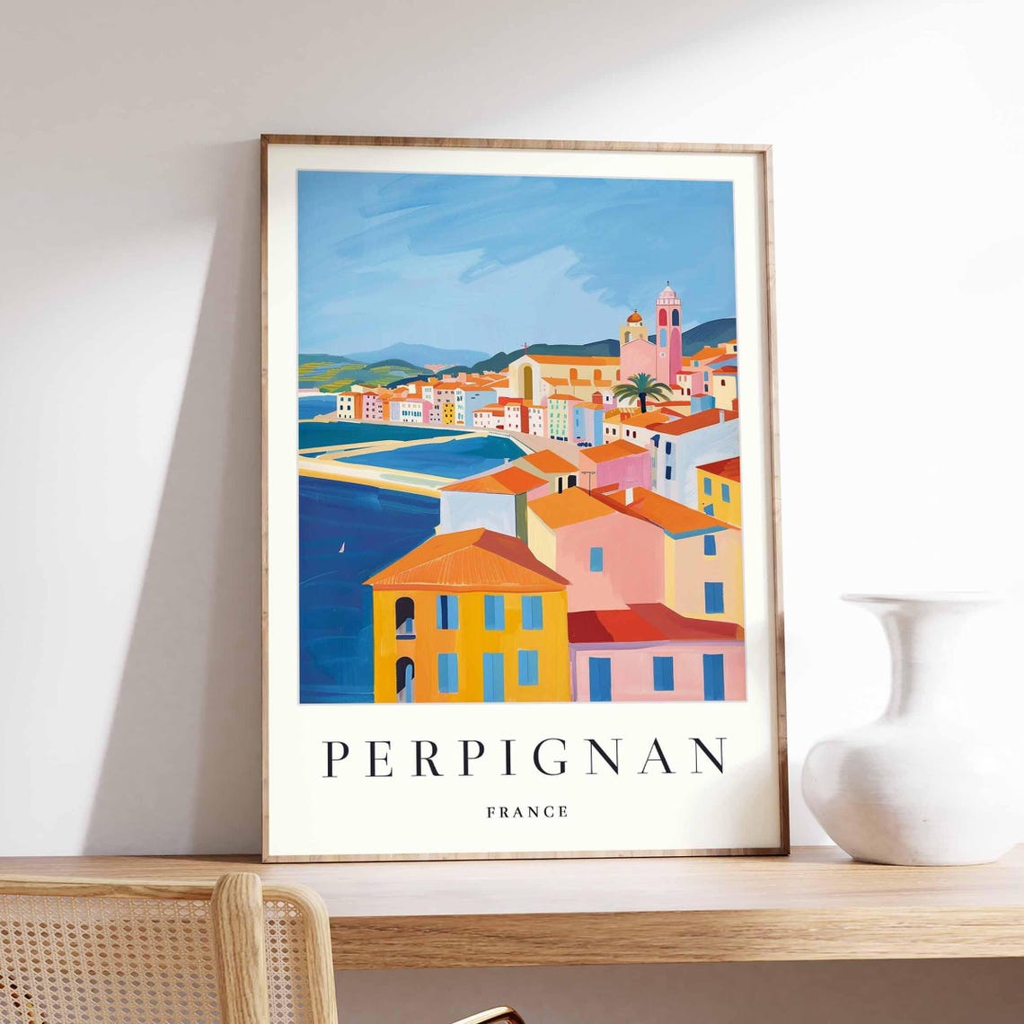 Perpignan France Waterfront Town Church Towers Deep Blue Bay Poster