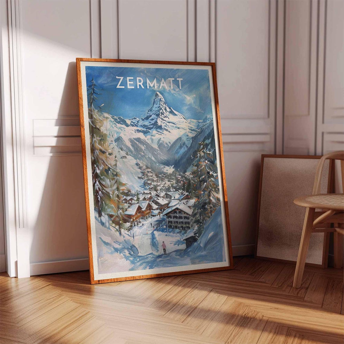 Zermatt Matterhorn Village Pines Lone Skier Scene Winter Poster - Image 3