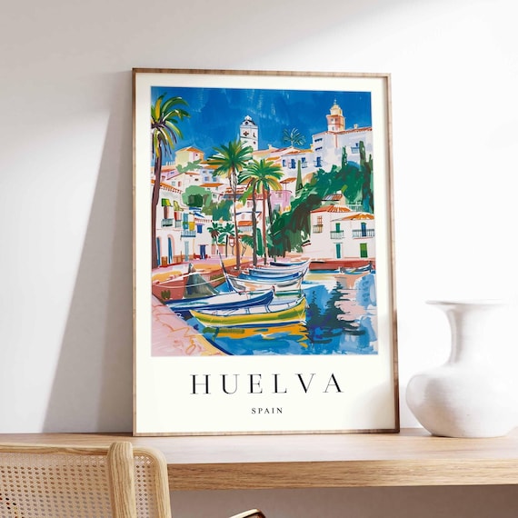 Huelva Spain Harbor Boats Colorful Coast Town Seaside Travel Poster