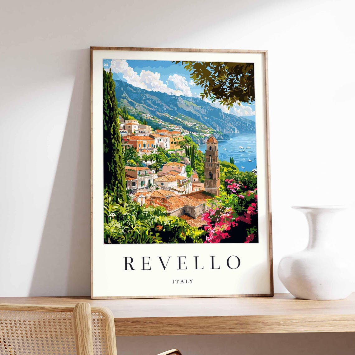 Revello Italy Bell Tower Bay Mountains Bougainvillea Coast Poster
