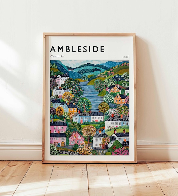 Ambleside Lake District Travel Poster, UK Landscape