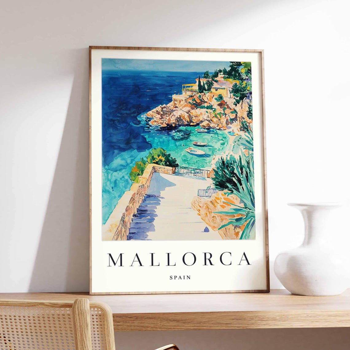 Mallorca Spain Rocky Cliff Steps Turquoise Sea Scene Art Poster