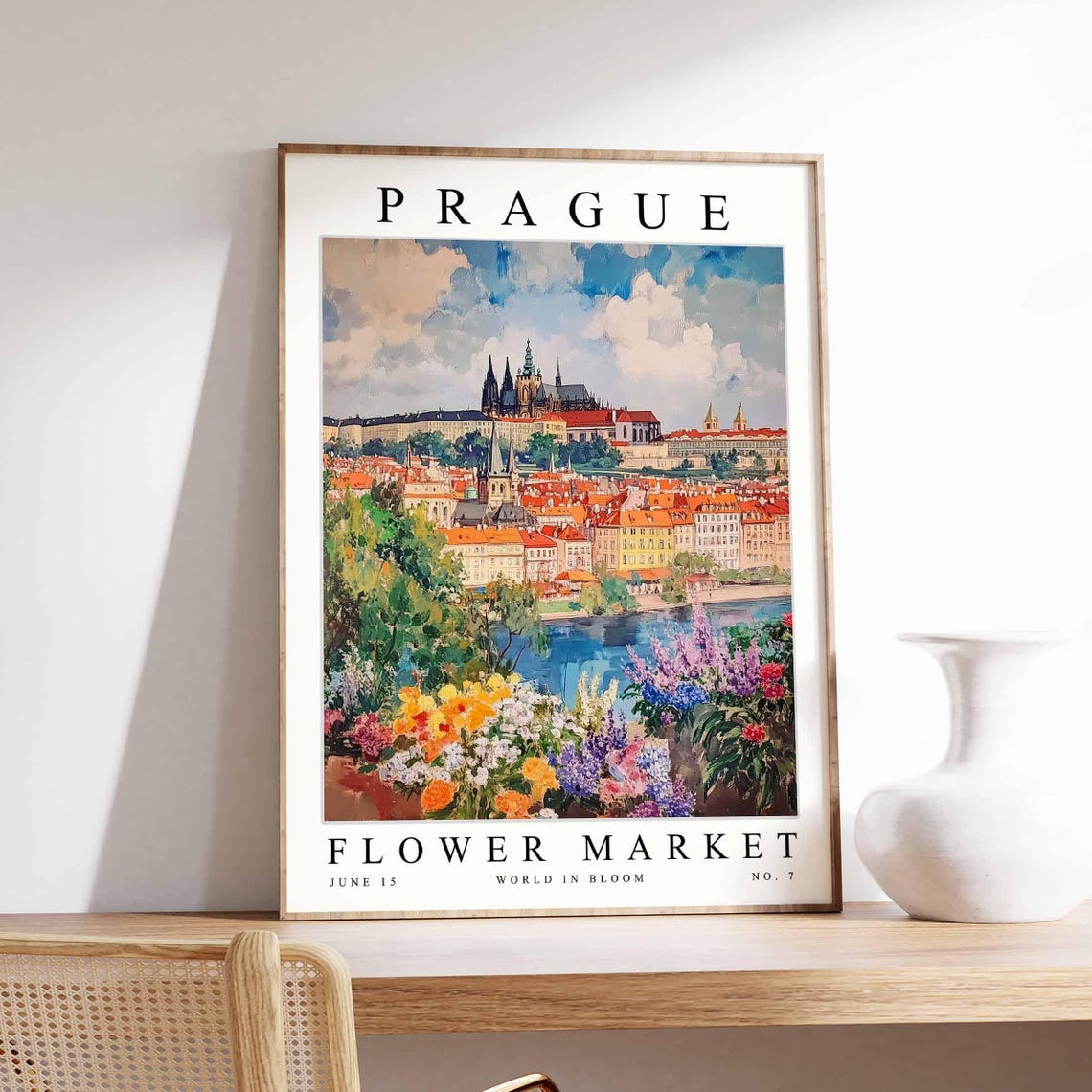 Prague Castle Vltava River Soft Watercolor Skyline Travel Poster
