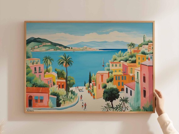 Chile Colorful Bay Town Pastel Buildings Palms Sailboats Travel Poster