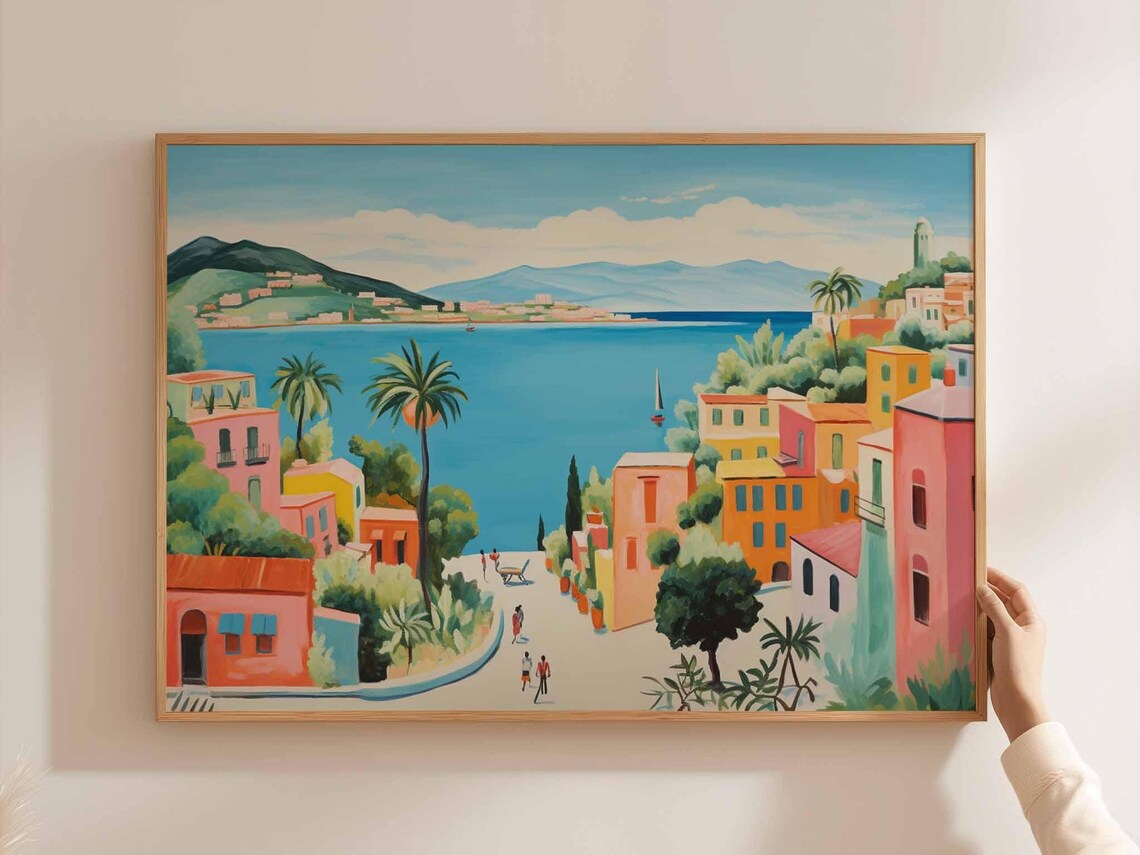 Chile Colorful Bay Town Pastel Buildings Palms Sailboats Travel Poster