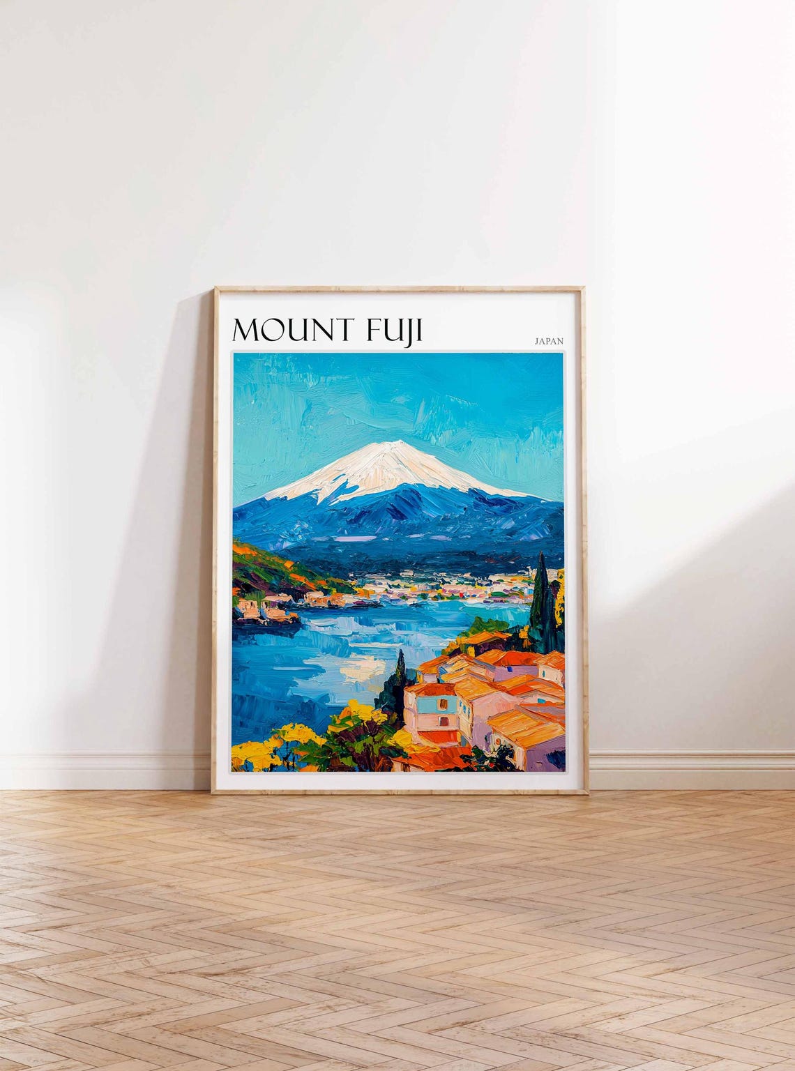 Mount Fuji Japan Red Roofed Hillside Town Sparkling Lake Poster - Image 2