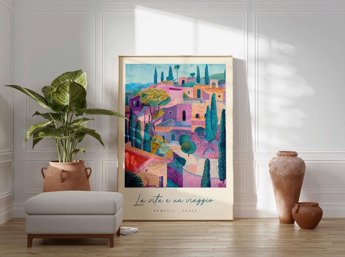 Pompeii Italy Fauvist Hilltop Village La Vita E Un Viaggio Poster - Image 3