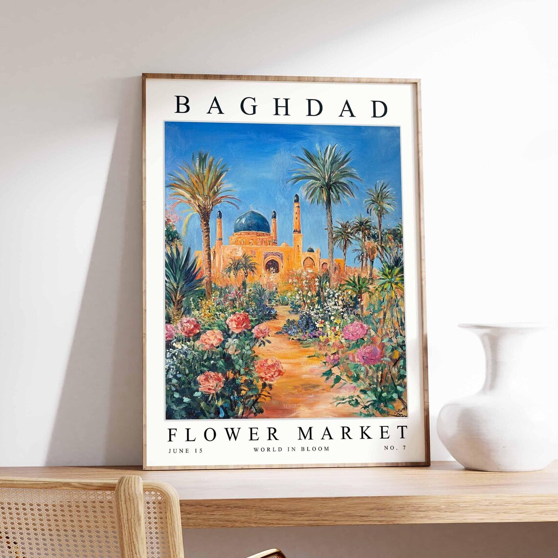 Baghdad Golden Dome Rose Path Palms Flower Market Travel Poster