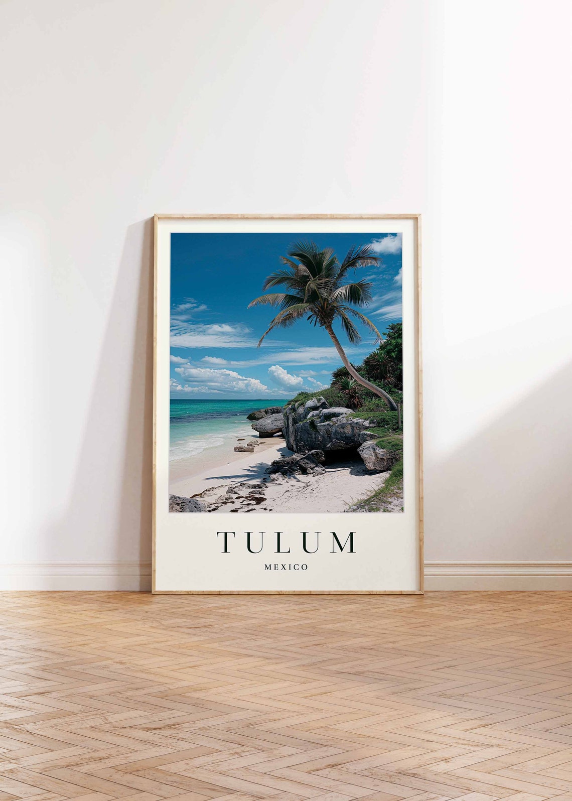 Tulum Mexico White Sand Beach Leaning Palm Rocks Caribbean Sea Poster - Image 2