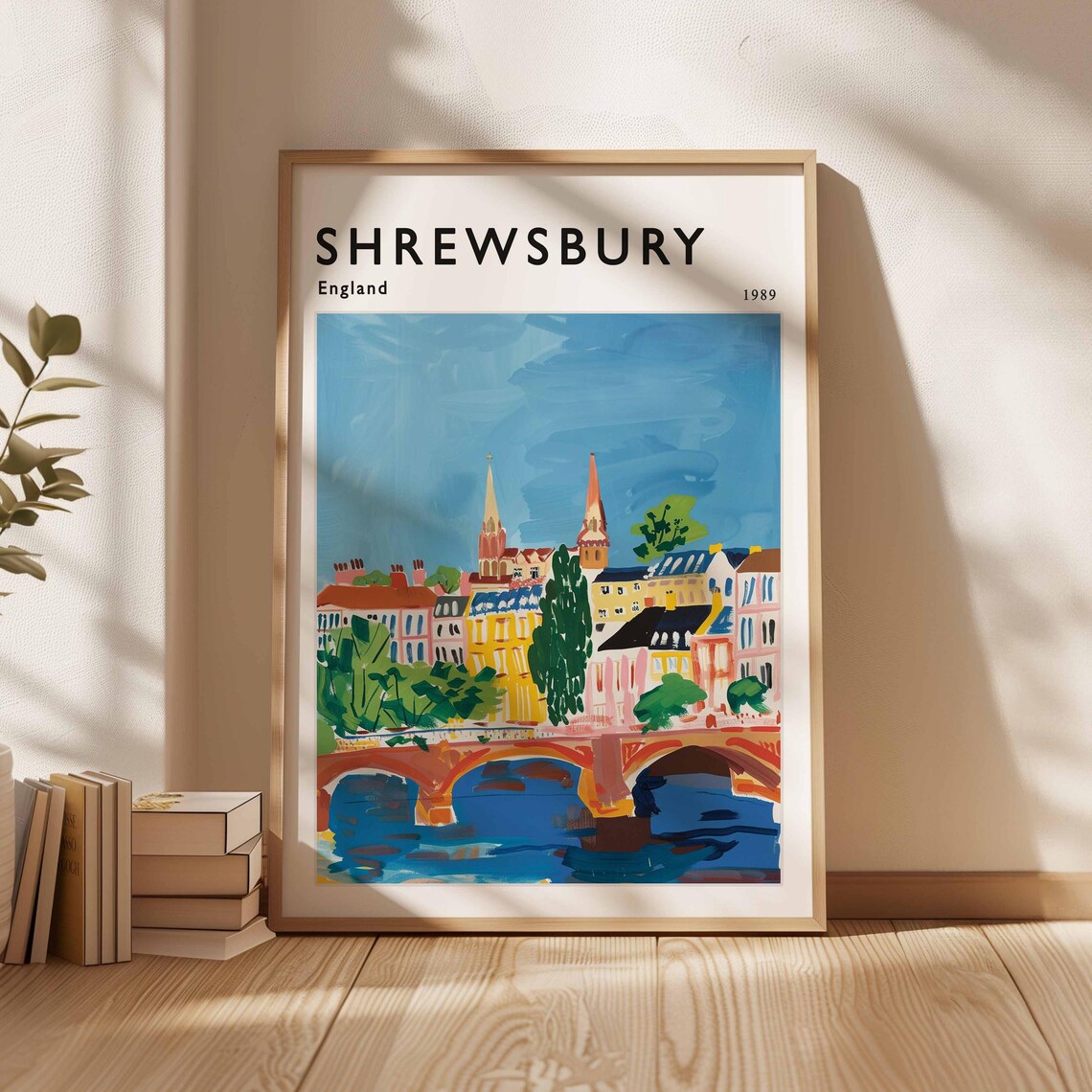 Shrewsbury England 1989 Riverside Bridge Colorful Town Art Travel Poster