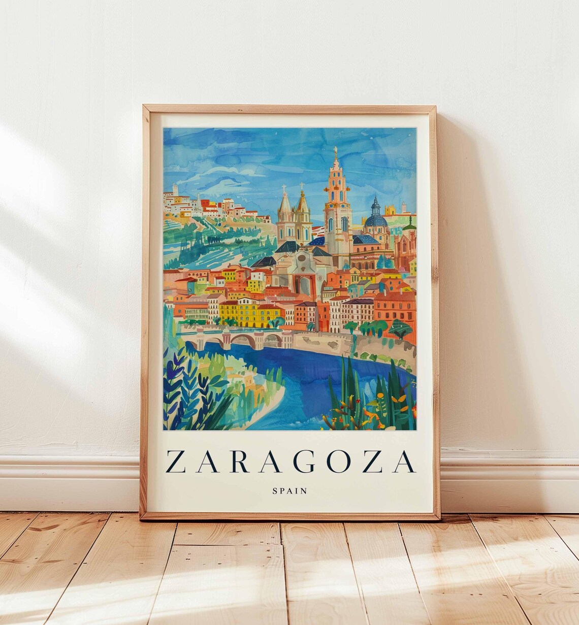 Zaragoza Spain Basilica River Watercolor Painting Travel Poster