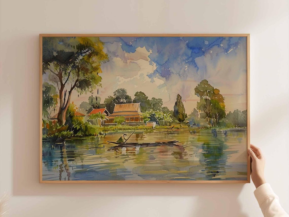 Cambodia Riverside House Canoe Figures Watercolor Painting Poster