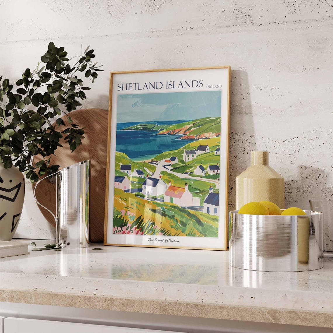 Shetland Islands White Cottages Green Hills Bay Travel Poster - Image 3