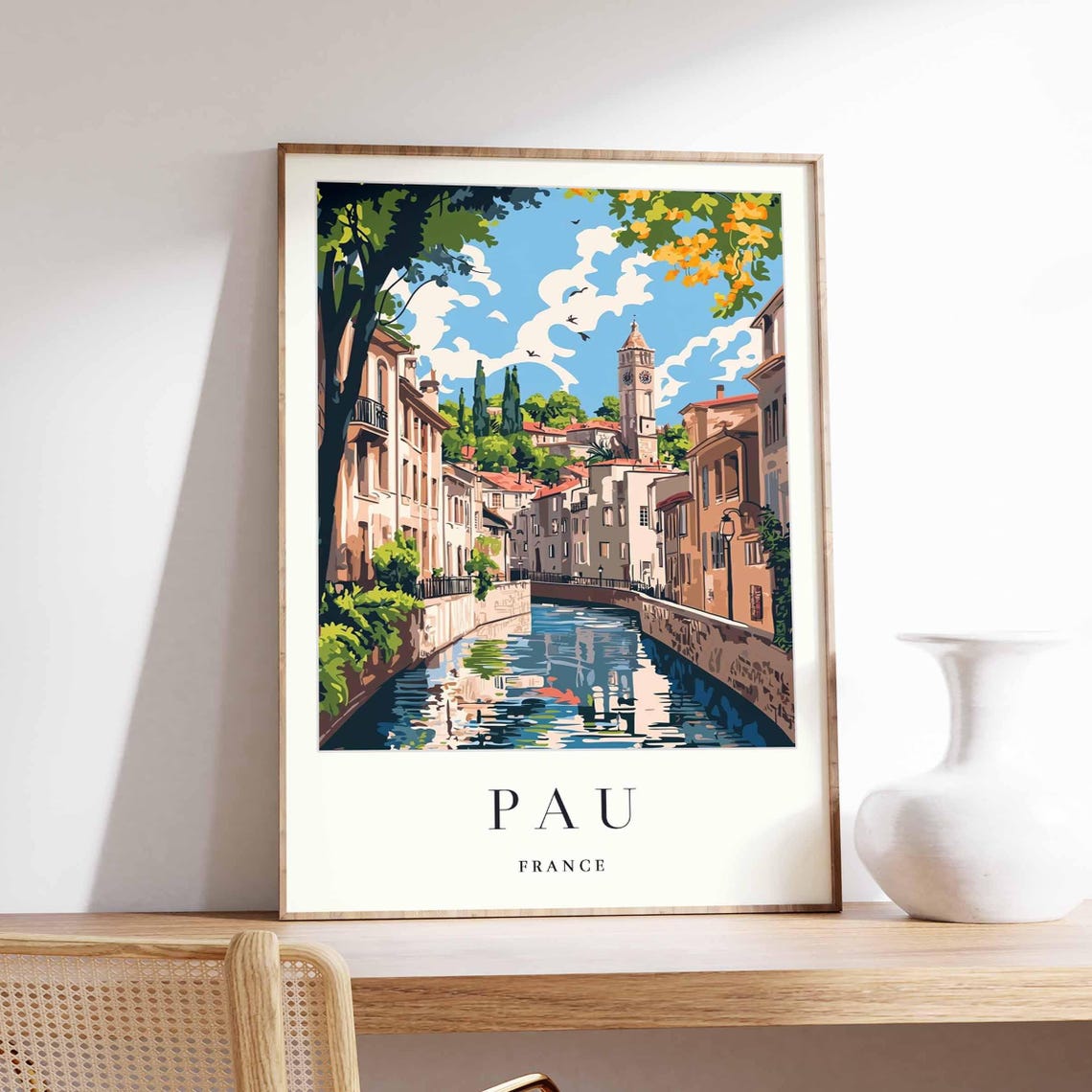 Pau France Riverside Canal Old Town Clock Tower Scenic Travel Poster