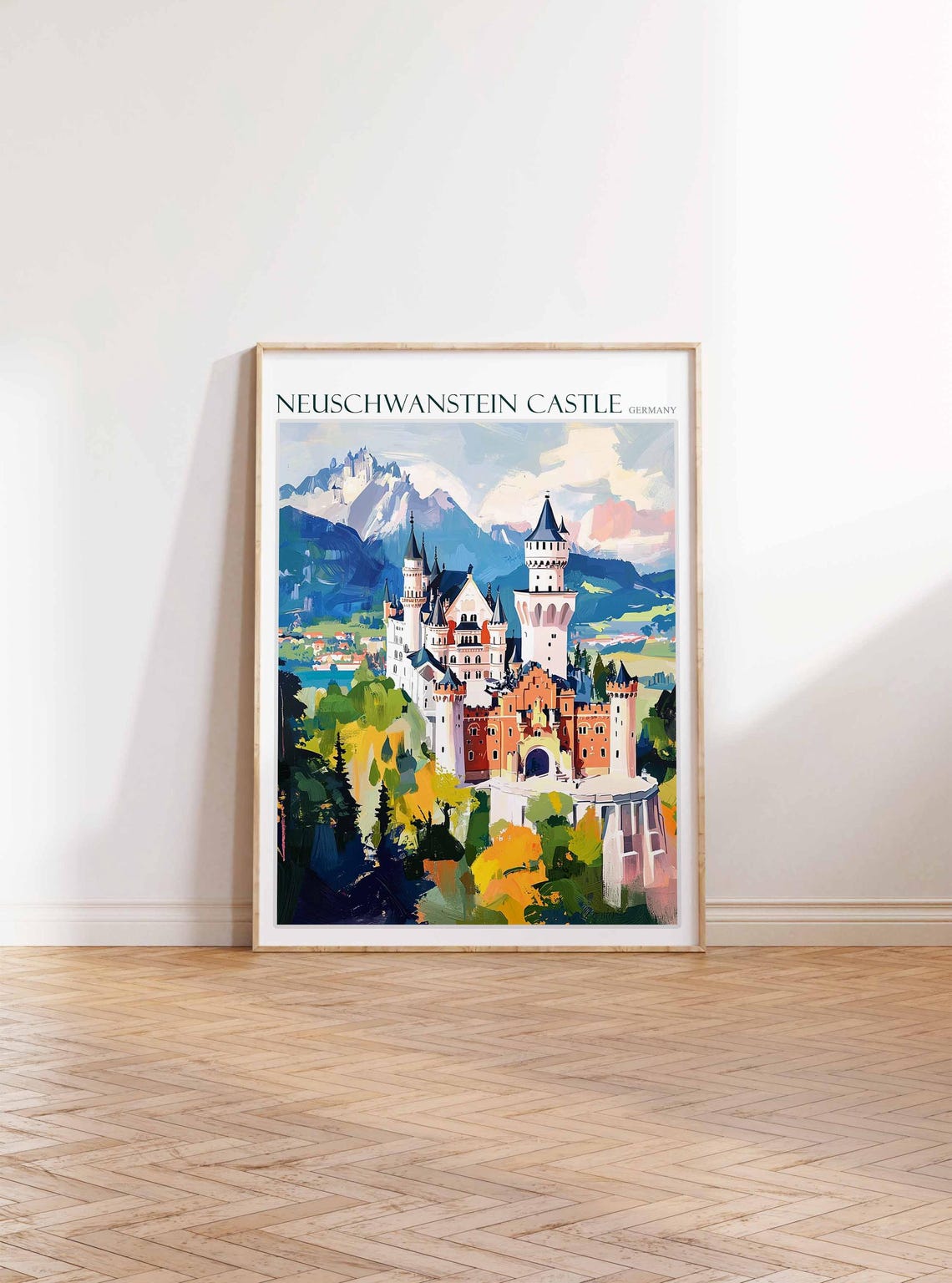 Neuschwanstein Castle Flat Autumn Village Mountains Art Poster - Image 2