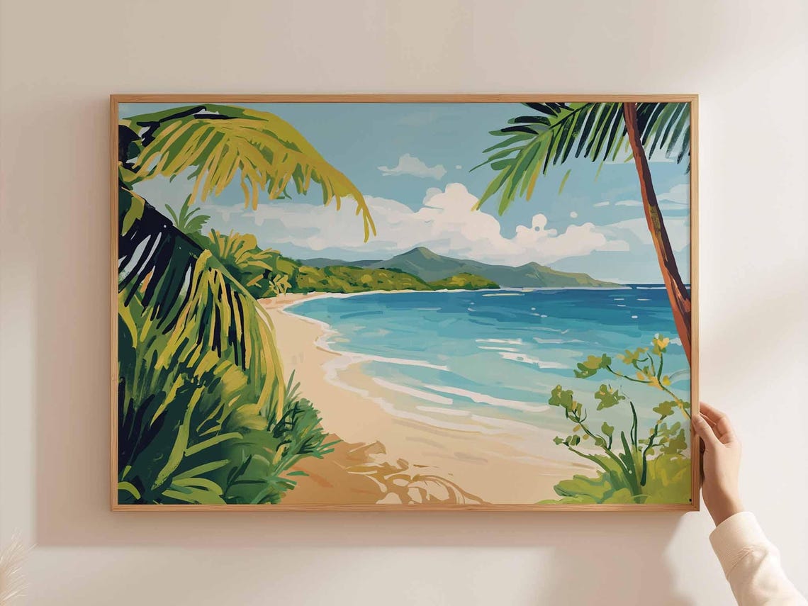 Golden Sand Tropical Beach With Palm Fronds And Mountains Poster