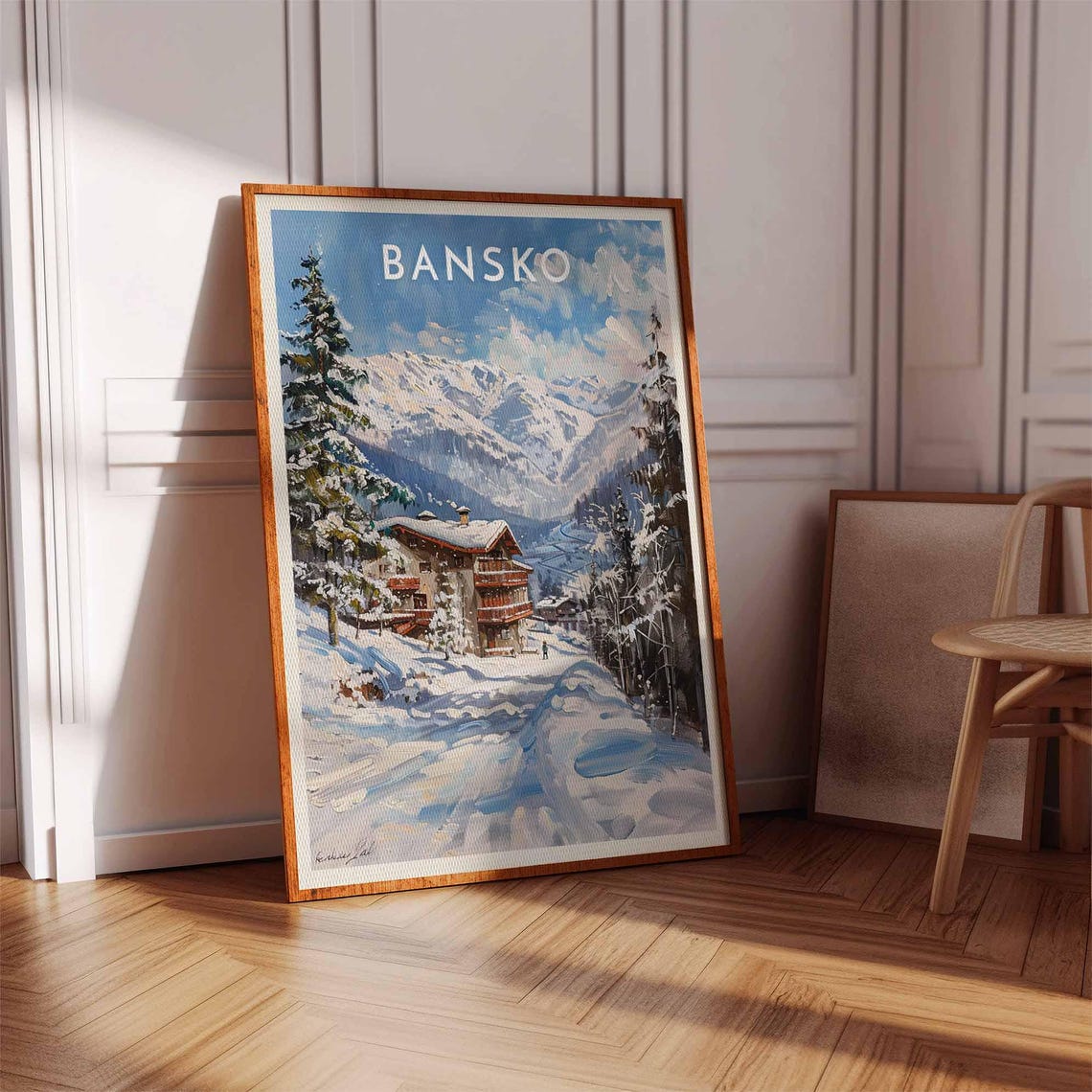 Bansko Alpine Lodge Red Balconies Winter Snowy Pines Ski Poster - Image 2