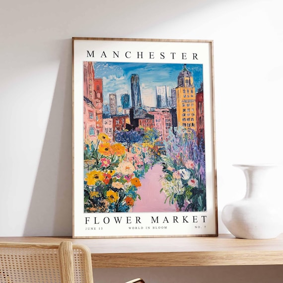 Manchester Flower Market City Skyline Colorful Floral Art Poster