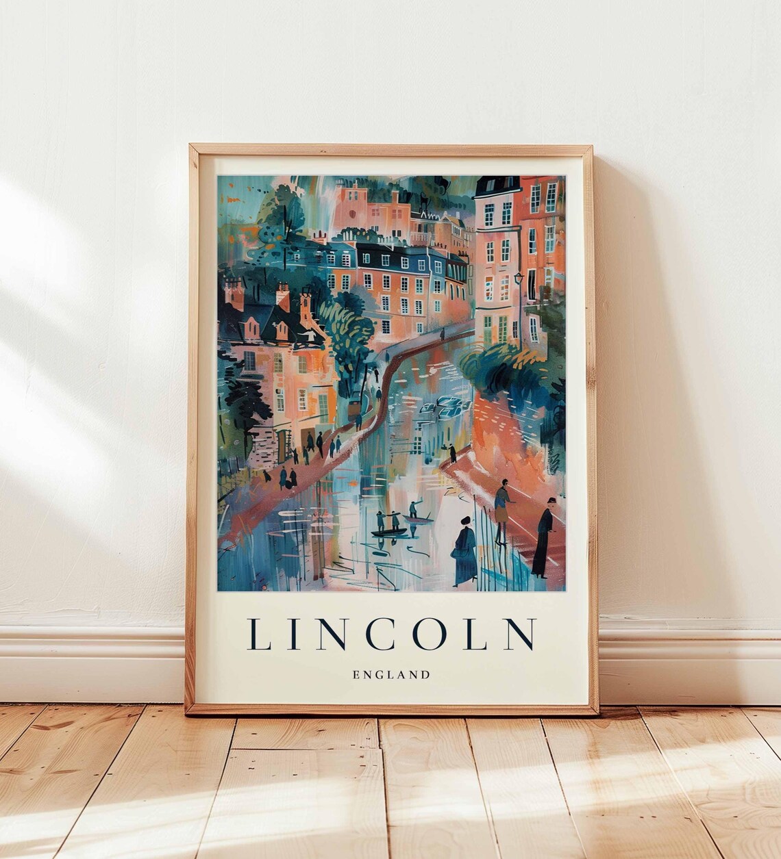 Lincoln England Canal Waterfront Houses Watercolor Travel Poster