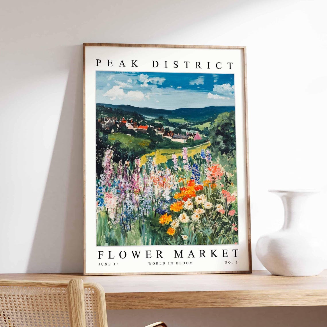 Peak District Hillside Village Wildflower Bloom Deep Blue Sky Poster